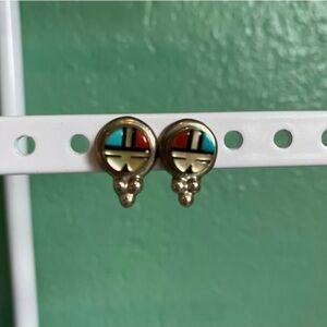 Vintage Zuni Sun God Post Earrings, Silver with Shell and Stone Inlay